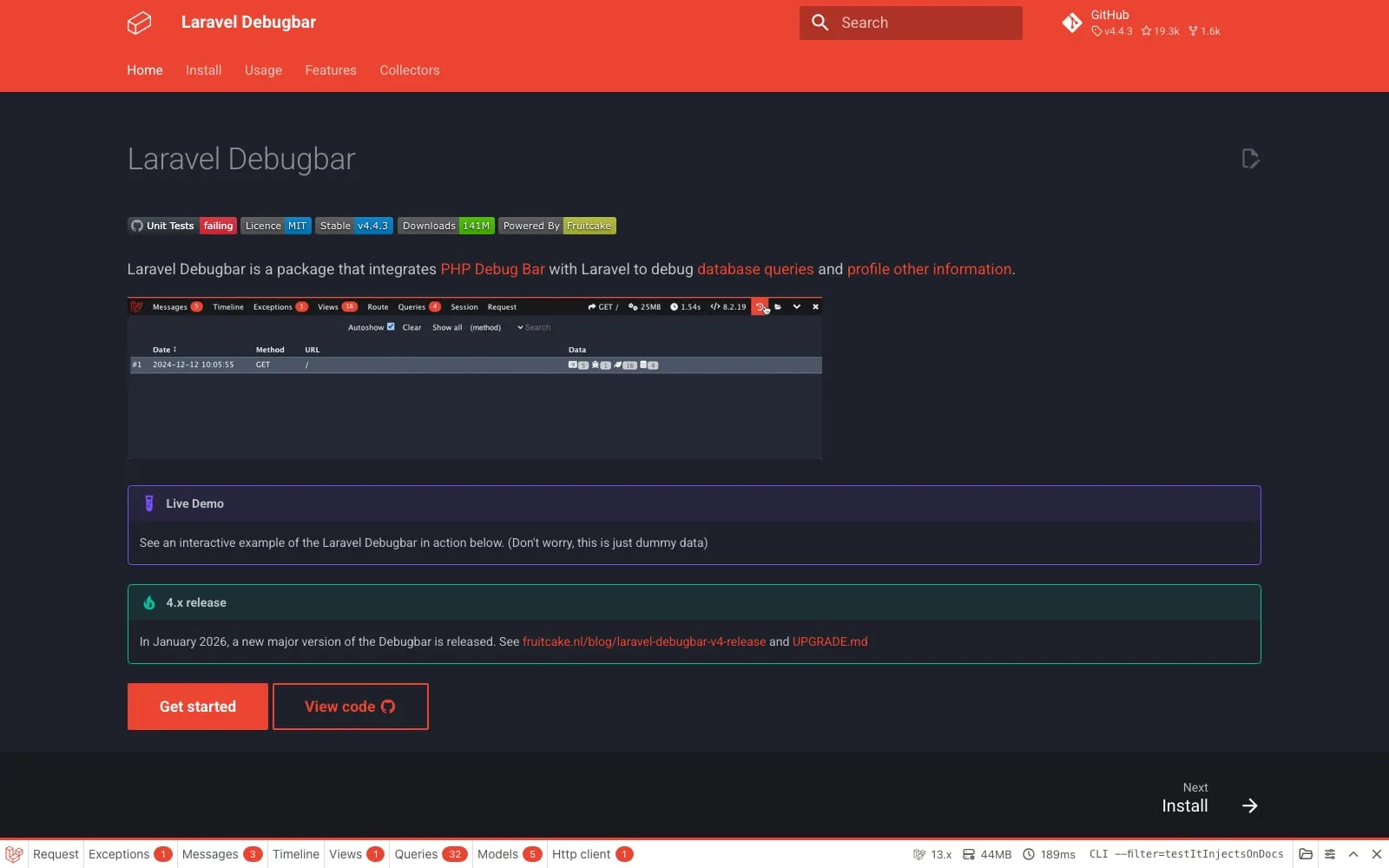 Screenshot of Laravel Debugbar