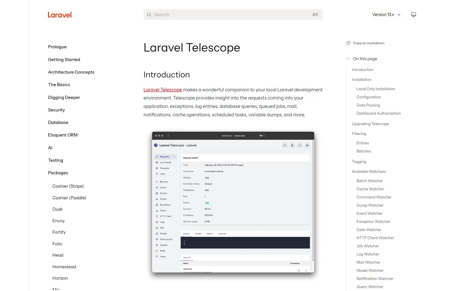 Screenshot of Laravel Telescope