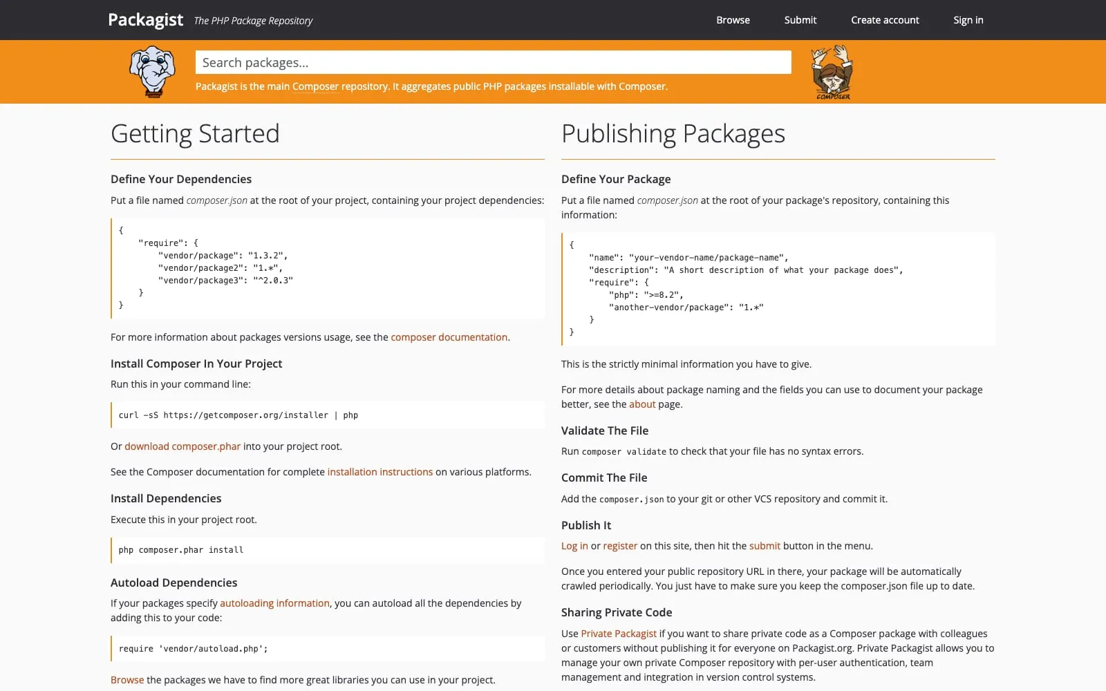 Screenshot of Packagist