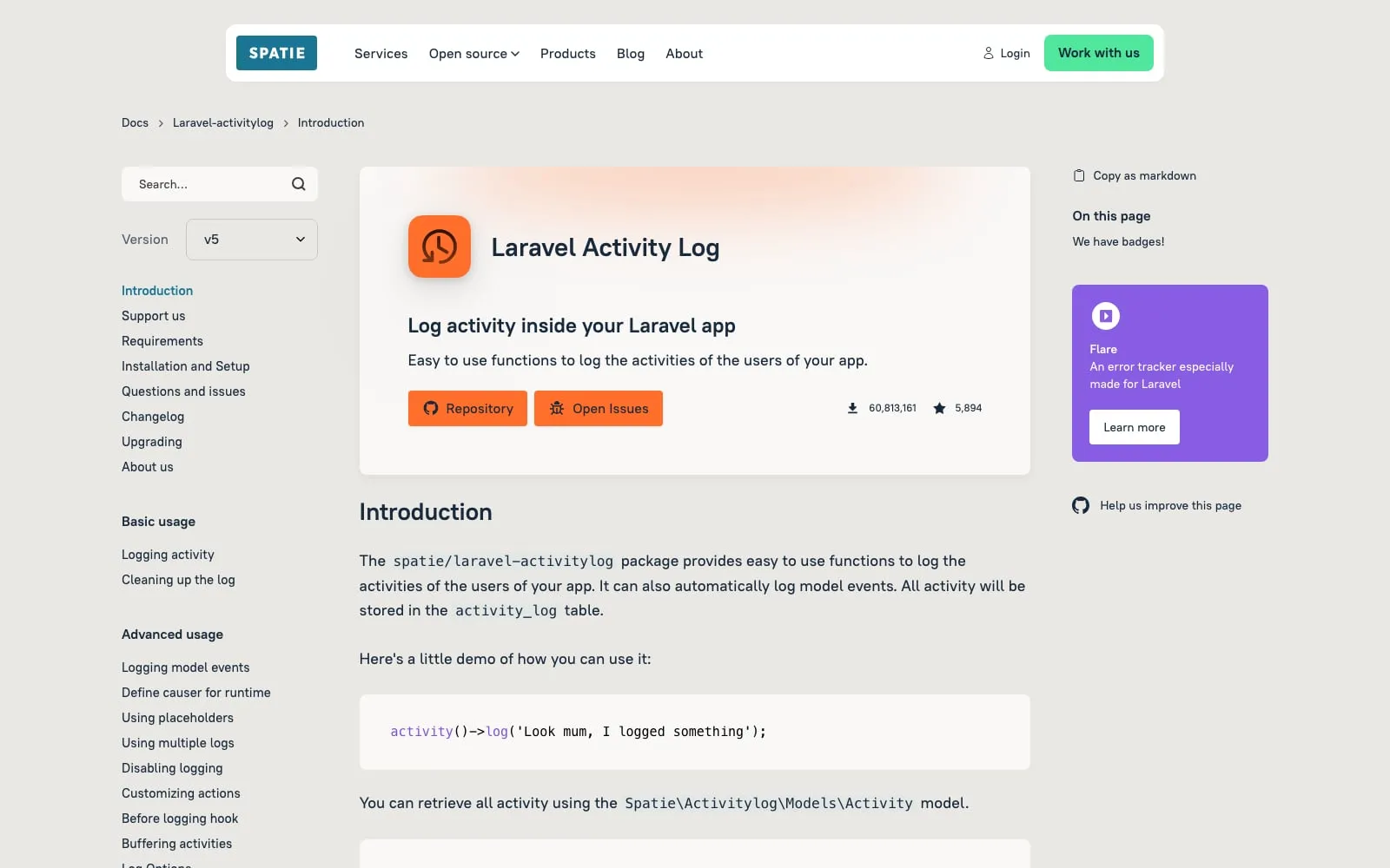 Screenshot of Laravel Activitylog